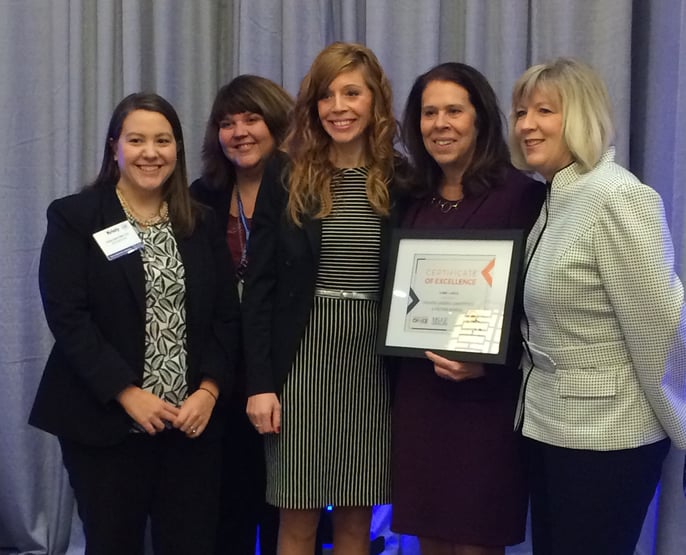 Staff of the Greater Lansing CVB join Cheryl Ronk, Executive Director of the MSAE, to receive an award for Best Large CVB, as voted by MSAE Members Left to right; Kristy Doak, Brenda Haight, Amanda Toy, Cheryl Ronk and Mary Chris Hotchkiss